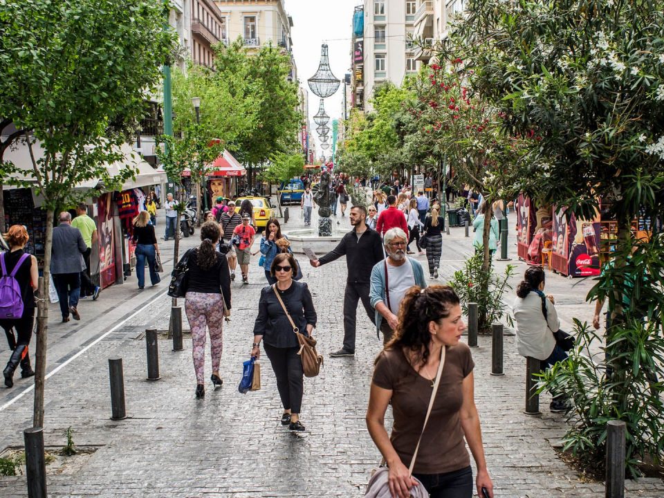 sidewalk, crowd, trees, market, Athens, Ermou