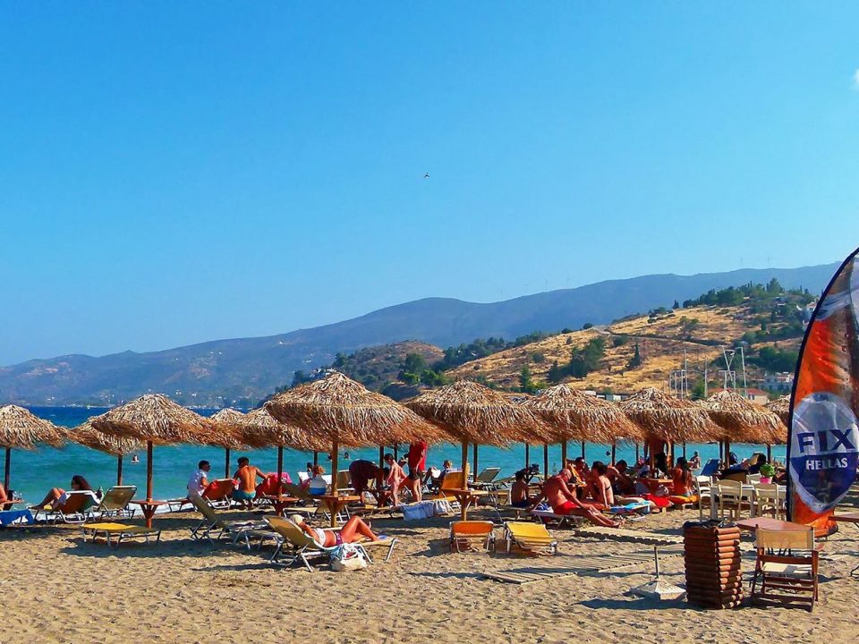 beach, sea, umbrellas, vacationers, Poros, Kanali